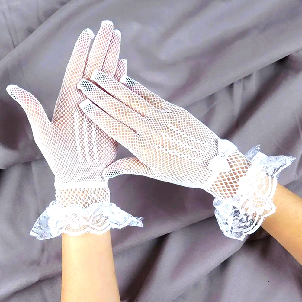Pretty White Ruffled Fishnet Gloves Tea Party Summer Weddings Bride Church